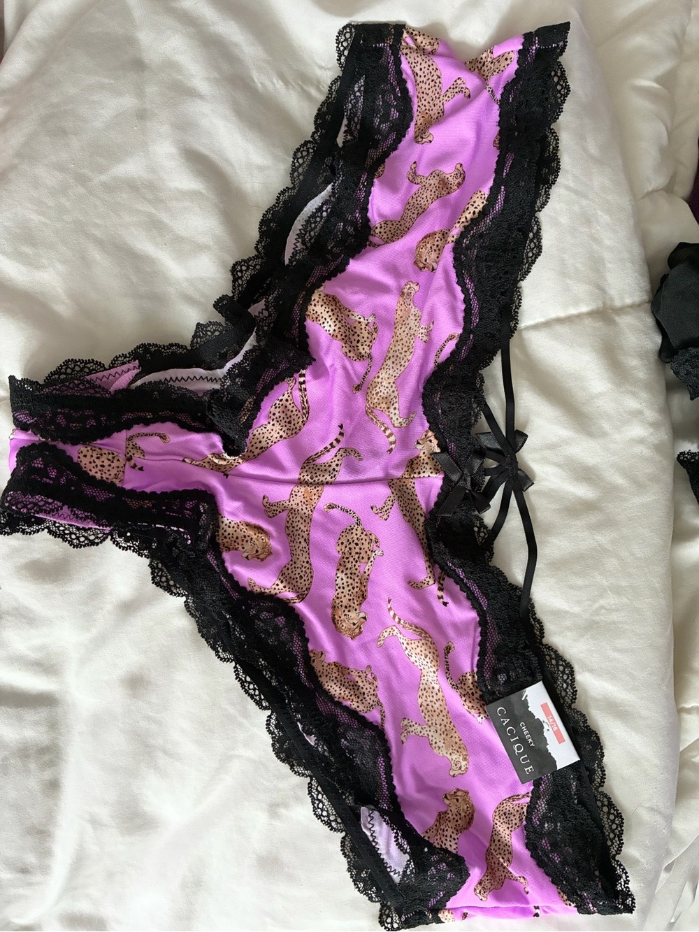 Cacique Pink Leopard Satin Cheeky Panty with Black Lace